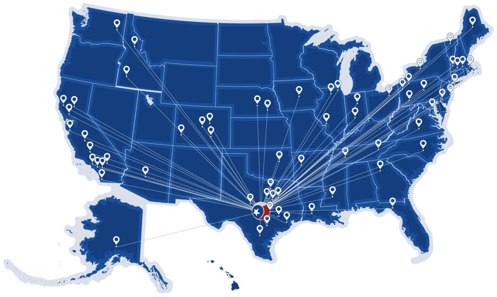 A U.S. map with white location pins and lines connecting cities to a marked point in Texas.