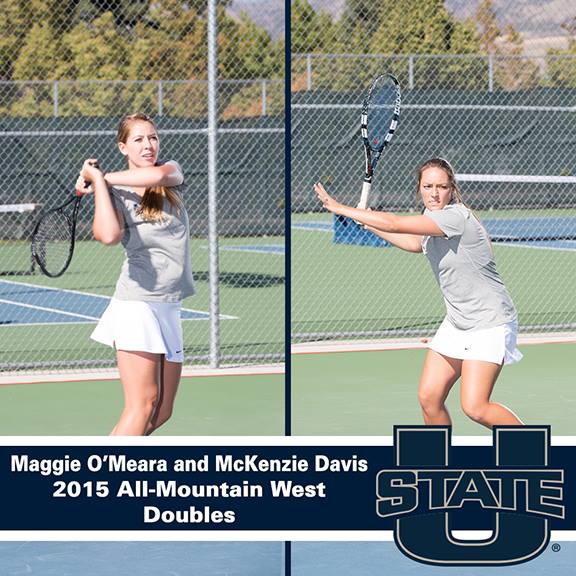 Two female tennis players posing on court with rackets, text honors them as 2015 All-Mountain West Doubles.