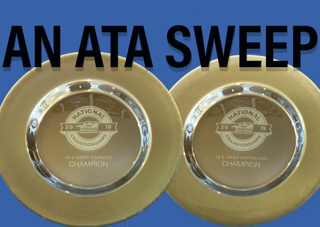 Two silver championship plates labeled National Championship 2019 against a blue background with bold text.