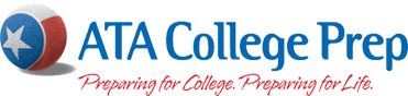 ATA College Prep logo with a blue, white, and red star ball and the slogan Preparing for College. Preparing for Life.