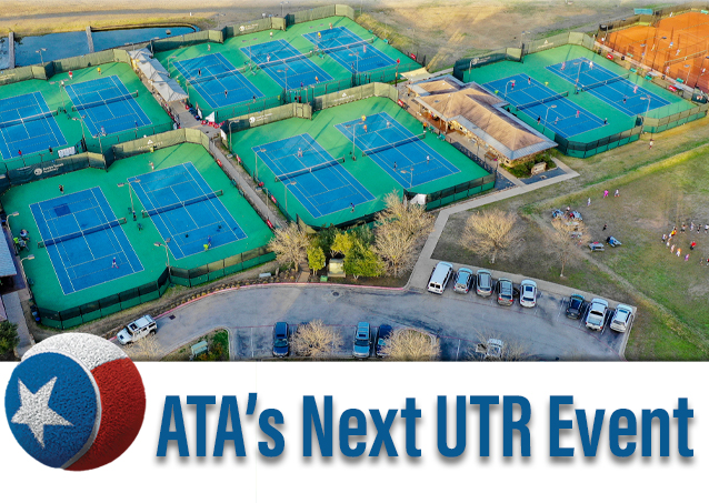 Aerial view of tennis courts with “ATA’s Next UTR Event” text and a circular logo at the bottom.