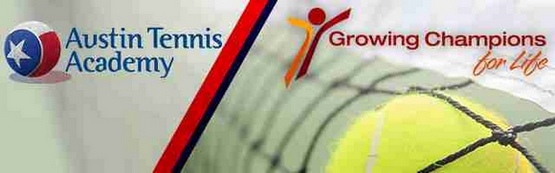 Austin Tennis Academy and Growing Champions for Life logos next to a tennis ball on a net.