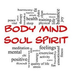 Word cloud with Body Mind Soul Spirit in red and related wellness words in black around them.