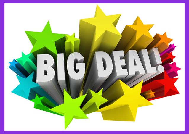 BIG DEAL! in bold white letters with colorful stars bursting out behind the text on a white background.