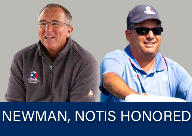 Two men in sports attire with text: NEWMAN, NOTIS HONORED at the bottom.