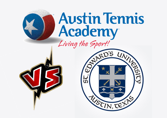 Austin Tennis Academy logo versus St. Edward’s University logo, with a VS graphic in between.