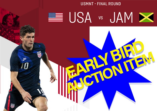 Soccer player in USA uniform with Early Bird Auction Item text; USA vs Jamaica match promotion.