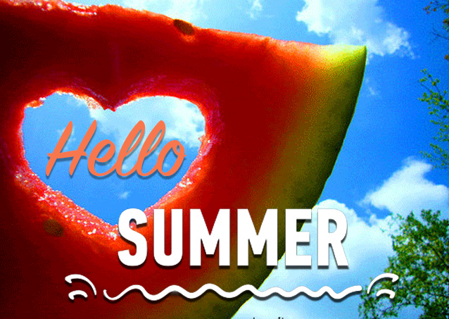 A watermelon slice with a heart-shaped cutout and the text Hello Summer against a blue sky background.