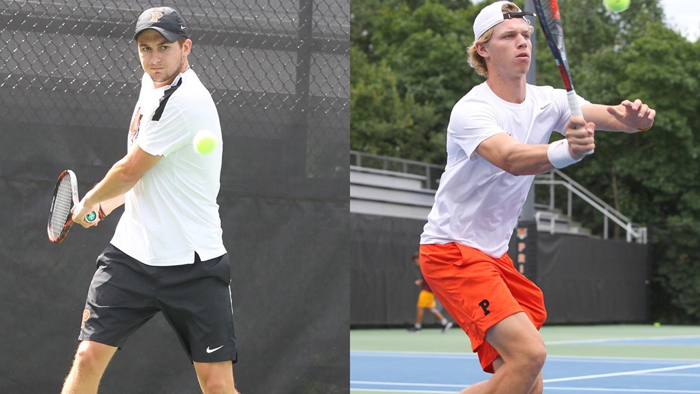Two tennis players in action on outdoor courts, both wearing athletic gear with a P logo.