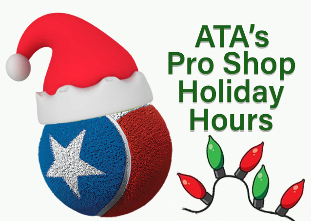 Red ornament with a Santa hat, holiday lights, and text: ATA’s Pro Shop Holiday Hours.