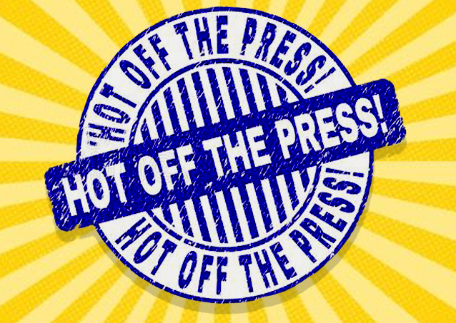 A blue HOT OFF THE PRESS! stamp on a yellow background with sunburst rays.