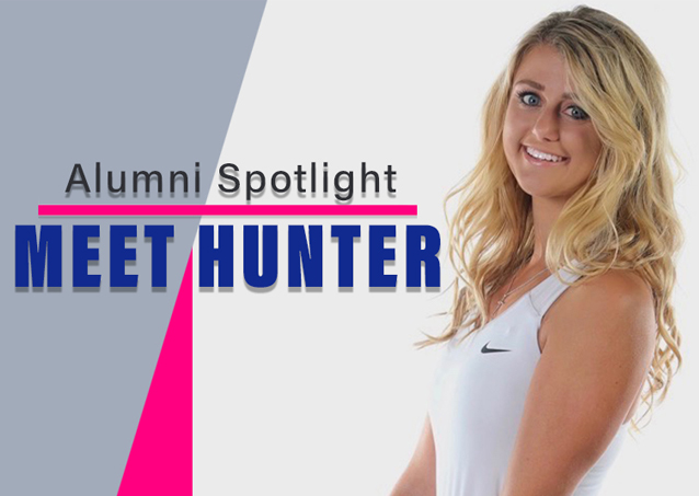 Young woman with long blonde hair smiles; text reads Alumni Spotlight: Meet Hunter on a gray and pink background.