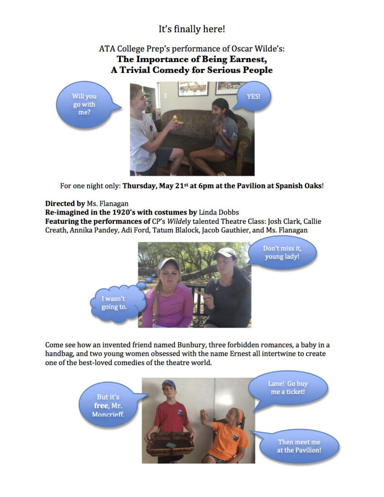 Flyer for a school play, featuring students in costume and speech bubbles with event details and dialogue.