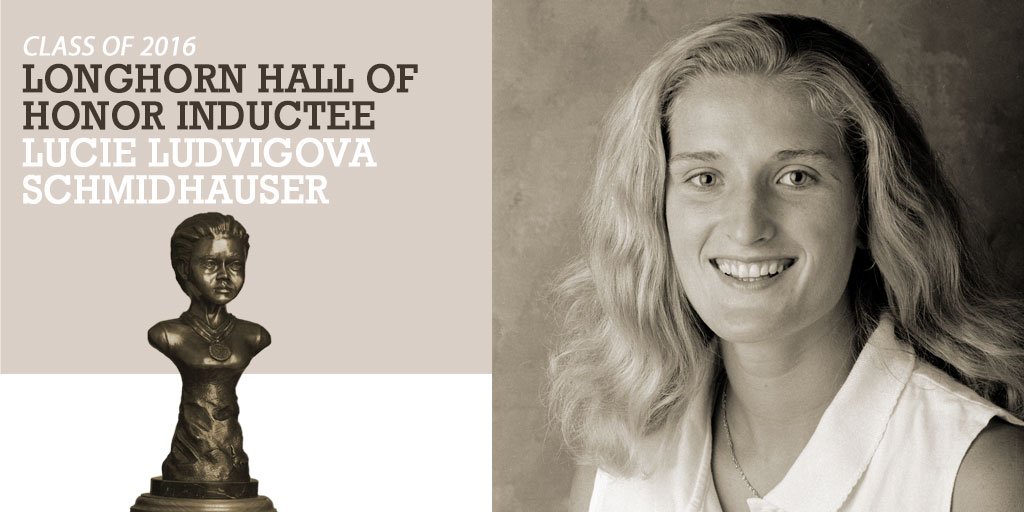Sepia photo of Lucie Ludvigova Schmidhauser, 2016 Longhorn Hall of Honor inductee, with a bust statue.