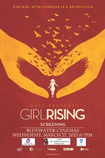 Poster for Girl Rising showing hands forming wings with a girl and flying birds, event details below.