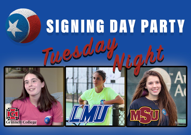 Three young women in college shirts under text: Signing Day Party Tuesday Night with college logos shown.
