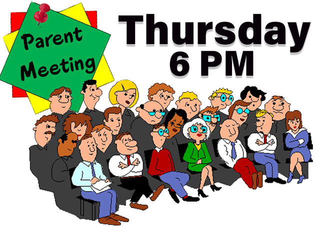 Cartoon of parents seated for a meeting, with text: Parent Meeting Thursday 6 PM on top.