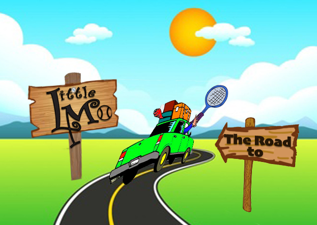 Cartoon car on winding road with luggage, wooden signs reading Little Mo and The Road to, sunny background.