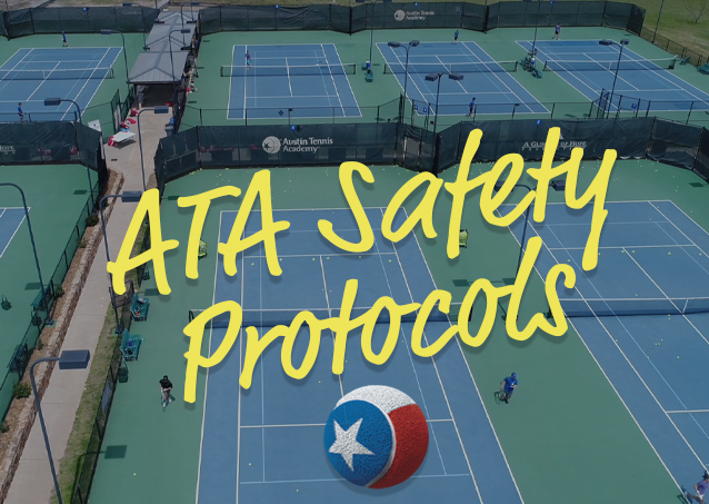 Aerial view of tennis courts with text ATA Safety Protocols and a Texas-themed tennis ball icon.