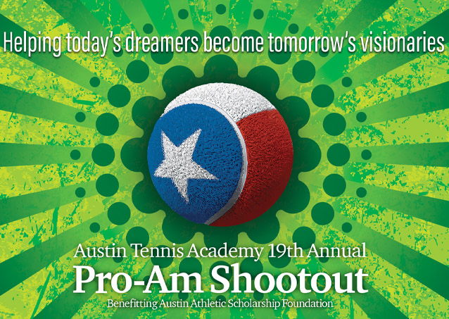 A tennis ball with a Texas flag design promotes the Austin Tennis Academy Pro-Am Shootout event.