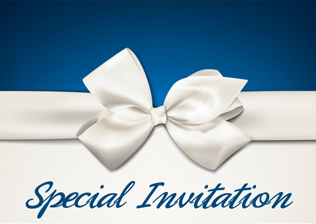 White ribbon bow on a blue and white background with the text Special Invitation written below.