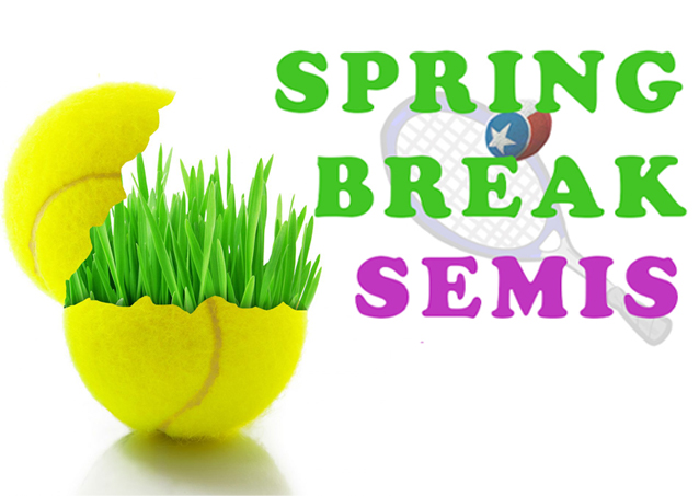 A cracked tennis ball with grass inside and the words Spring Break Semis next to a tennis racket.