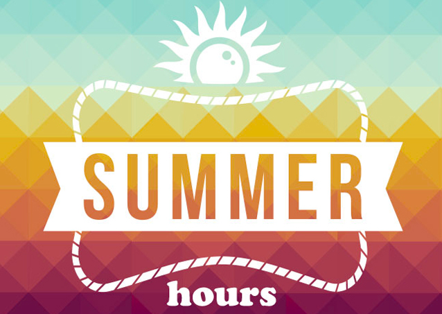 Colorful geometric background with a sun and the words SUMMER hours in bold white and orange text.