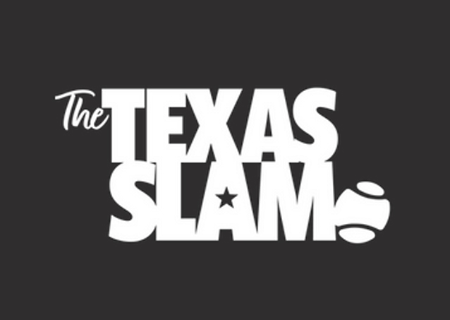 White text The Texas Slam with a star and tennis ball icon on a black background.