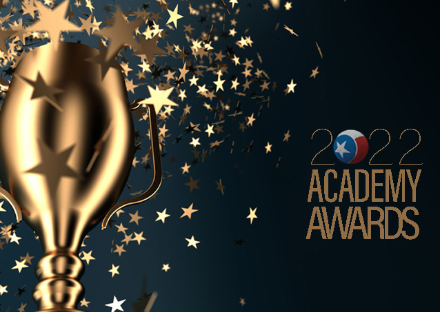 Golden trophy with scattered stars and text 2022 Academy Awards on a dark background.