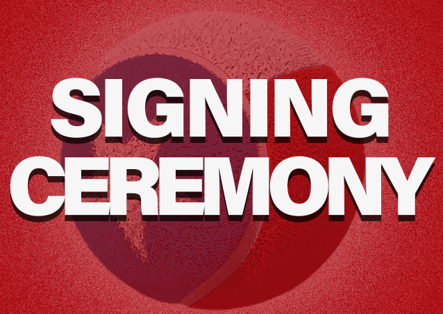 White bold text SIGNING CEREMONY on a red textured background with a circular graphic element.