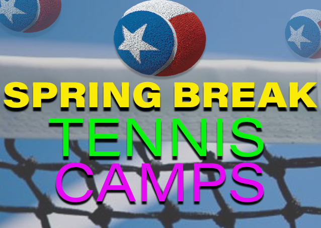 Text Spring Break Tennis Camps over a tennis net, with tennis balls featuring a Texas star design.