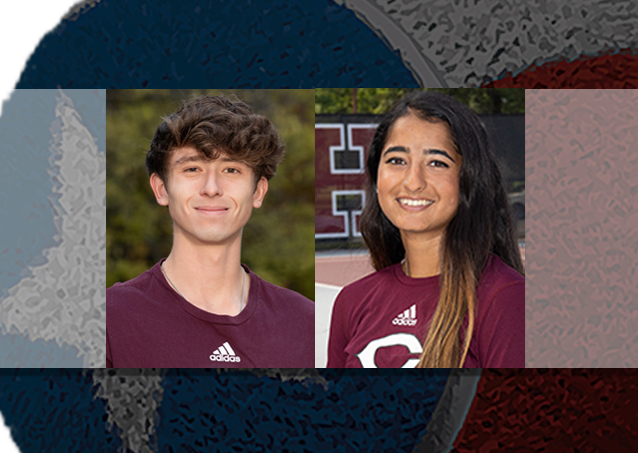 Two young adults in maroon Adidas shirts smile in front of outdoor backgrounds with maroon and white details.