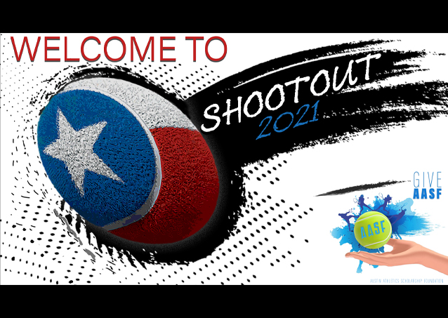 Welcome to Shootout 2021 with a Texas-themed rugby ball and AASF donation graphic on the right.