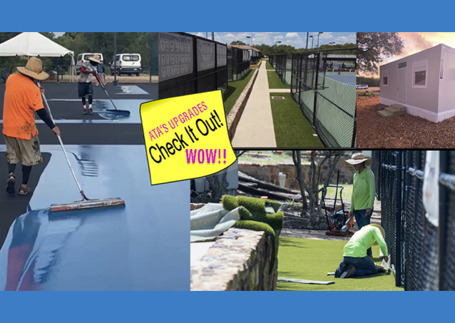 Collage of workers resurfacing courts, installing turf, and a new building, with text: ATXs upgrades Check it out! WOW!!.