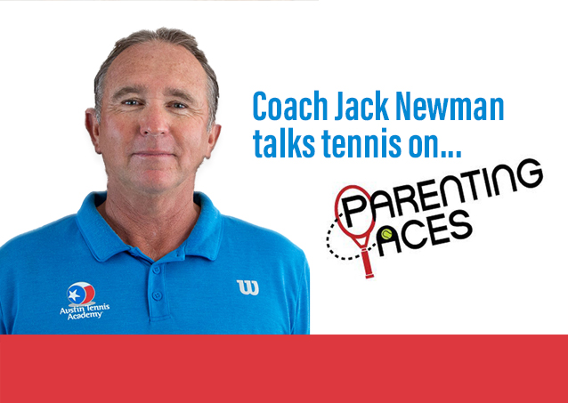 Coach Jack Newman in a blue polo stands next to text promoting his tennis talk on Parenting Aces.