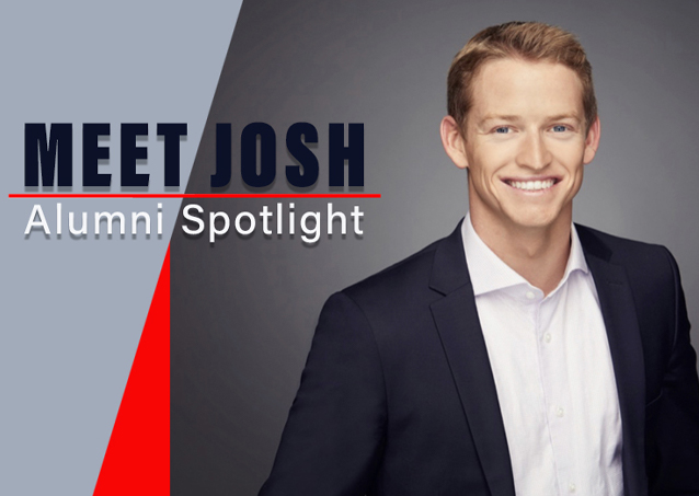 A man in a suit smiles next to text that reads MEET JOSH Alumni Spotlight on a modern graphic background.