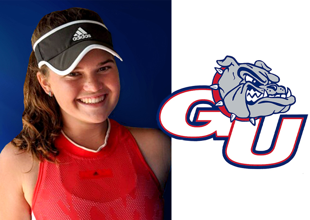 Young woman in a red sports top and visor smiles next to the Gonzaga University Bulldogs logo.