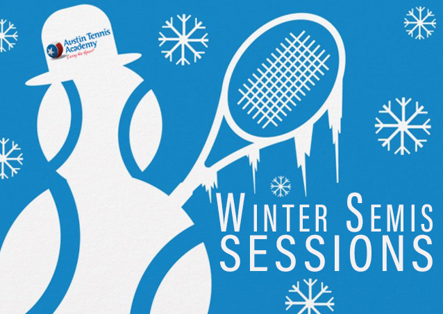 Illustration of a snowman holding a tennis racket with snowflakes and the text Winter Semis Sessions.