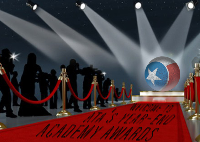 Red carpet event with photographers, spotlights, and a Texas-themed ball; text reads ATA’s Year-End Academy Awards.